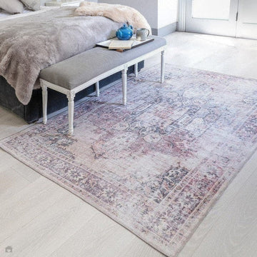 Washable Kaya Lila KY12 Traditional Persian Vintage Distressed Floral Durable Chenille Polyester Flatweave Soft Beige/Red Pink/Blue/Cream/Multicolour Rug-Asiatic Carpets-Rug Love - The Most Loved Rug Store